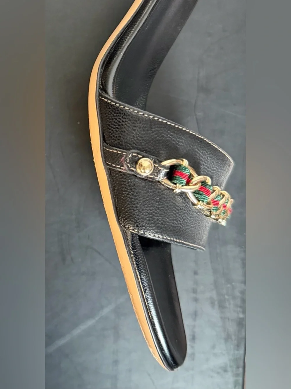 Gucci Black Leather Kitten Heel Sandals with Gold Chain Green and Red Webbing - Picture 11 of 14